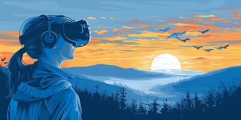 A person immersed in a virtual reality experience, witnessing a picturesque sunset over a serene landscape, symbolizing escapism and the merging of technology with nature. - obrazy, fototapety, plakaty