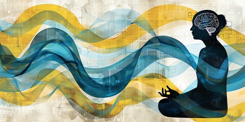 A figure in meditation, connected to flowing waves of vibrant energy, encapsulating a theme of tranquility and the harmony of mind, body, and digital space.