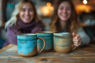 Two women sharing a light-hearted moment over coffee, with a focus on their hands holding unique ceramic mugs.