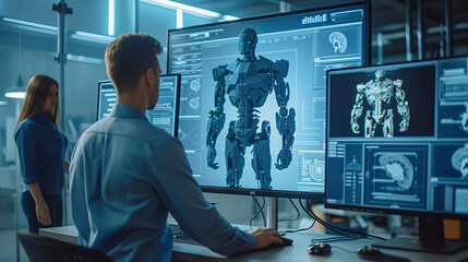 Team of engineers working on robotics design and analysis in a high-tech development lab with multiple computer monitors.