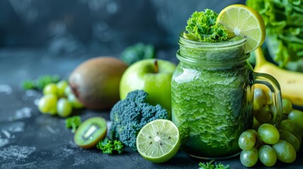 Glass jar mugs with green health smoothie, kale leaves, lime, apple, kiwi, grapes, banana, avocado, lettuce. Copy space. Raw, vegan, vegetarian, alkaline food concept.