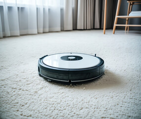 Modern robotic vacuum cleaner removing  from dirty  floor