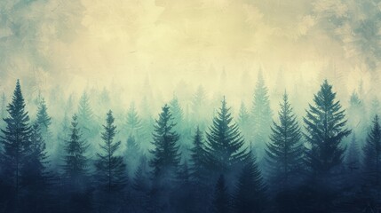 Misty foggy mountain landscape with fir forest and copyspace in vintage retro hipster style - obrazy, fototapety, plakaty