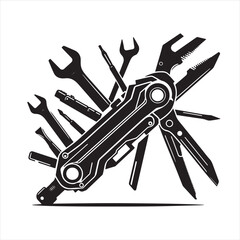 versatile multitool  Isolated on blue background. Vector silhouettes