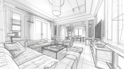sketch design of living room,3d wire frame render
