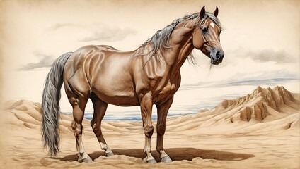 A Painting of a Horse Standing in the Desert. Generative AI. - 746629033