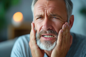 Man with toothache, periodontal disease in wisdom teeth, gum inflammation, dental pain, headache and migraine, health problems concept