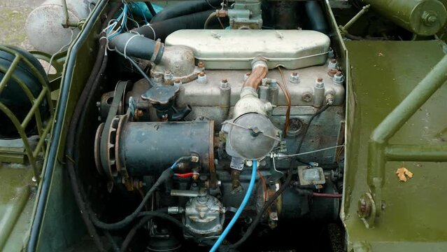 The engine of an ASU-57, a mid-20th century self-propelled artillery gun, demonstrating the mechanical complexity of military vehicles of that era.