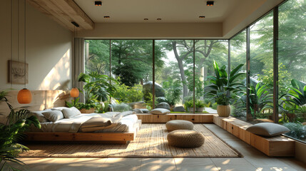 Eco-friendly interior in a house or hotel overlooking the forest, creating a relaxing atmosphere of rest - 746629836