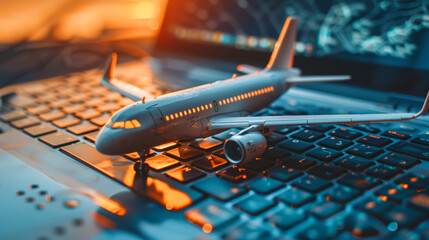 airplane model on laptop keyboard, online  ticket booking flight schedule - obrazy, fototapety, plakaty