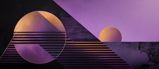 Geometric abstract background pattern. Purple, gold and black colors. Abstract horizontal banner. 80's graphic design style. Digital artwork raster bitmap. 