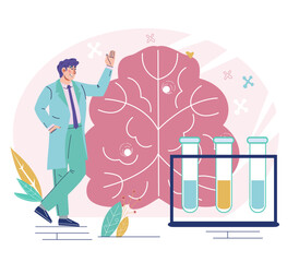 Medical research and analysis in neuroscience and brain science. Computed tomography and neurobiology banner concept, flat vector illustration isolated on white.
