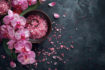 Spa setting with water bowls , pink orchid flowers ,sea salt, cosmetic cream and essential oil on...