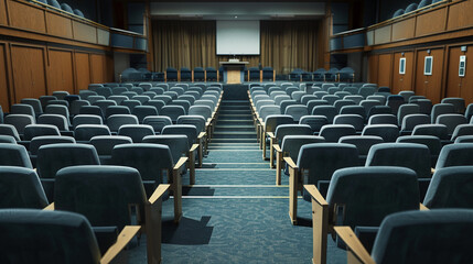Empty Auditorium with Rows of Seats and a Podium, Ready for a Lecture - obrazy, fototapety, plakaty