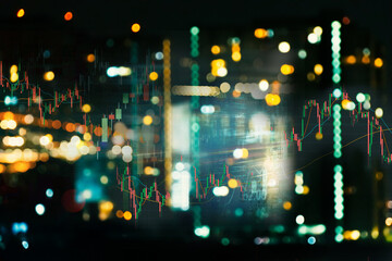 business stock graph with city light at night
