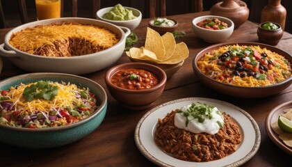 Mexican dishes on the table. Tacos, Burritos, quesadillas, chili, fajitas, tortillas.