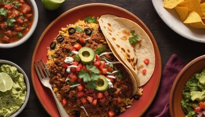 Mexican dishes on the table. Tacos, Burritos, quesadillas, chili, fajitas, tortillas.