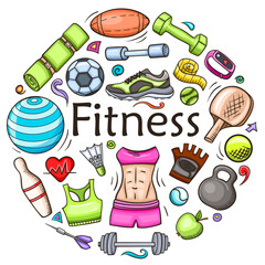 Doodle fitness and sport round banner. - 746630430