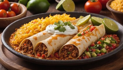 Mexican dishes on the table. Tacos, Burritos, quesadillas, chili, fajitas, tortillas.