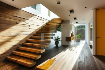 Contemporary Oak Staircase Beside Front Door: Modern Home Entryway
