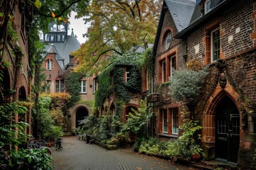 Fototapeta na wymiar Cologne, Germany: Charming Postcard View of Bell Towers and Brick Houses Framed by Lush Park