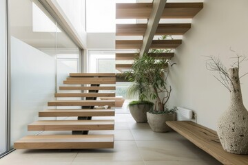 Contemporary Oak Staircase Beside White Front Door. Modern Home Entryway Design with Yellow Accents