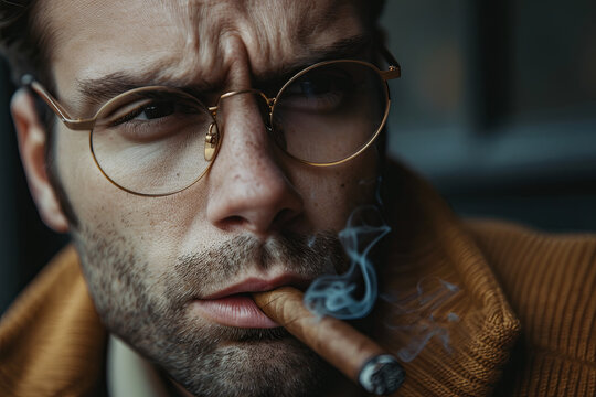 Imposing guy in glasses smoking cigar. Mens beauty, fashion portrait