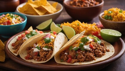 Mexican dishes on the table. Tacos, Burritos, quesadillas, chili, fajitas, tortillas.