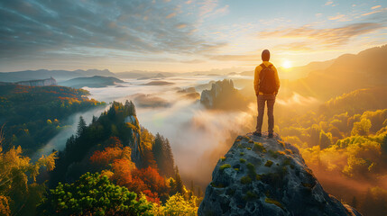 Man standing on the edge of cliff and looking into the misty valley. - obrazy, fototapety, plakaty