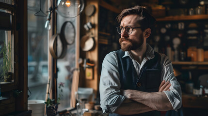 Portrait of handsome bearded hipster man in eyeglasses standing in cafe