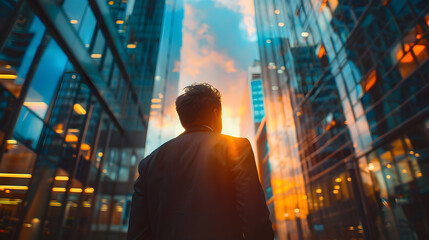 Businessman standing in front of office building in the city at sunset