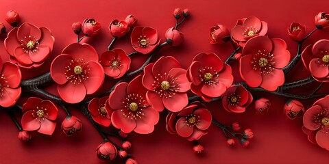 Chineseinspired floral design on vibrant red backdrop centered professional photo copy space. Concept Chinese-inspired Design, Vibrant Red Backdrop, Floral Arrangement, Professional Photo, Copy Space