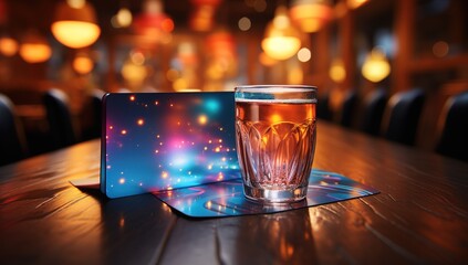 a gift card on a table with a bright light, in the style of digital airbrushing, luminous scenes, miniaturecore, shiny/glossy, intel core, aurorapunk, xmaspunk - obrazy, fototapety, plakaty