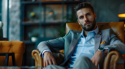 Handsome businessman sitting in armchair in office and looking away