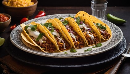 Mexican dishes on the table. Tacos, Burritos, quesadillas, chili, fajitas, tortillas.
