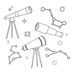 Set of outline telescopes in flat style with stars