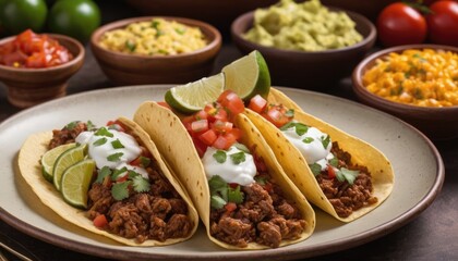 Mexican dishes on the table. Tacos, Burritos, quesadillas, chili, fajitas, tortillas.
