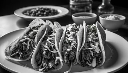 Mexican dishes on the table. Tacos, Burritos, quesadillas, chili, fajitas, tortillas.