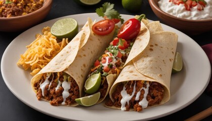 Mexican dishes on the table. Tacos, Burritos, quesadillas, chili, fajitas, tortillas.
