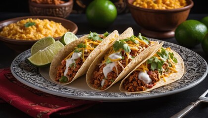 Mexican dishes on the table. Tacos, Burritos, quesadillas, chili, fajitas, tortillas.