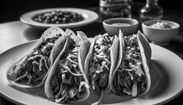 Mexican dishes on the table. Tacos, Burritos, quesadillas, chili, fajitas, tortillas.