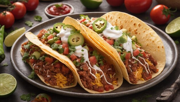 Mexican dishes on the table. Tacos, Burritos, quesadillas, chili, fajitas, tortillas.