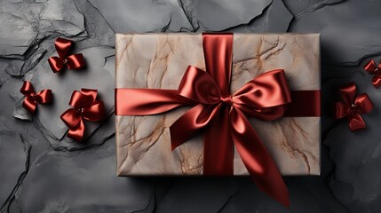 a gift card with red ribbon on the gray background, graphic design poster art, large canvas format, shaped canvas, lightbox, hard-edged, ceramic