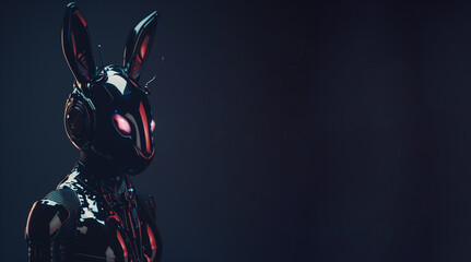 Close up of Black plastic robotic cyborg easter female rabbit. - obrazy, fototapety, plakaty