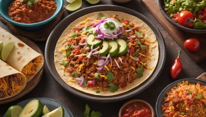 Mexican dishes on the table. Tacos, Burritos, quesadillas, chili, fajitas, tortillas.