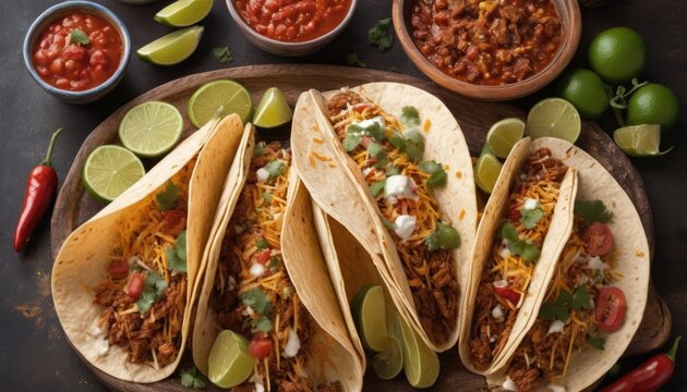 Mexican dishes on the table. Tacos, Burritos, quesadillas, chili, fajitas, tortillas.