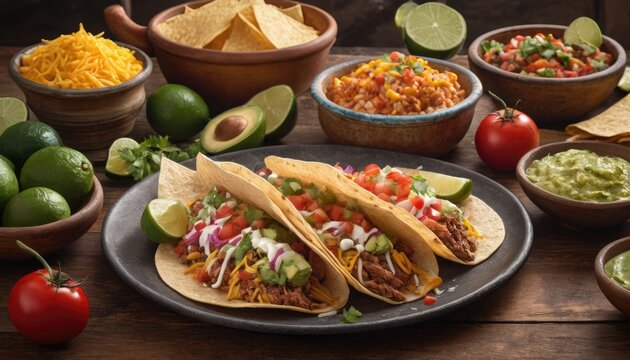 Mexican dishes on the table. Tacos, Burritos, quesadillas, chili, fajitas, tortillas.