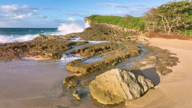 Closeup of the rocks, tidal pools, and waves along the north Puerto Rico coast. 
