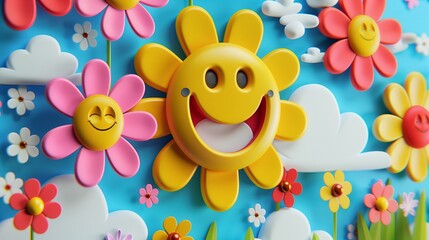 bright and joyful smiley face flowers balloons surrounded by colorful flowers cheerful decor