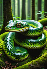 A green snake coiled up in the forest
